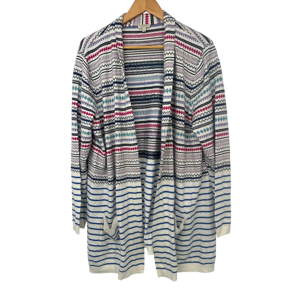 Talbots Fair Isle Cardigan Women 2X White Striped Open Front Coastal Preppy